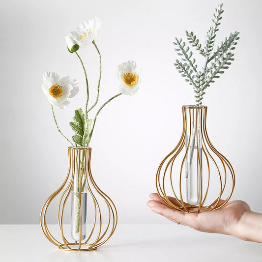 Nordic Simple Style Glass Vase Hydroponic Plant Flower Vase Iron Geometric Glass Test Tube Metal Plant Holder Home Desktop Decor