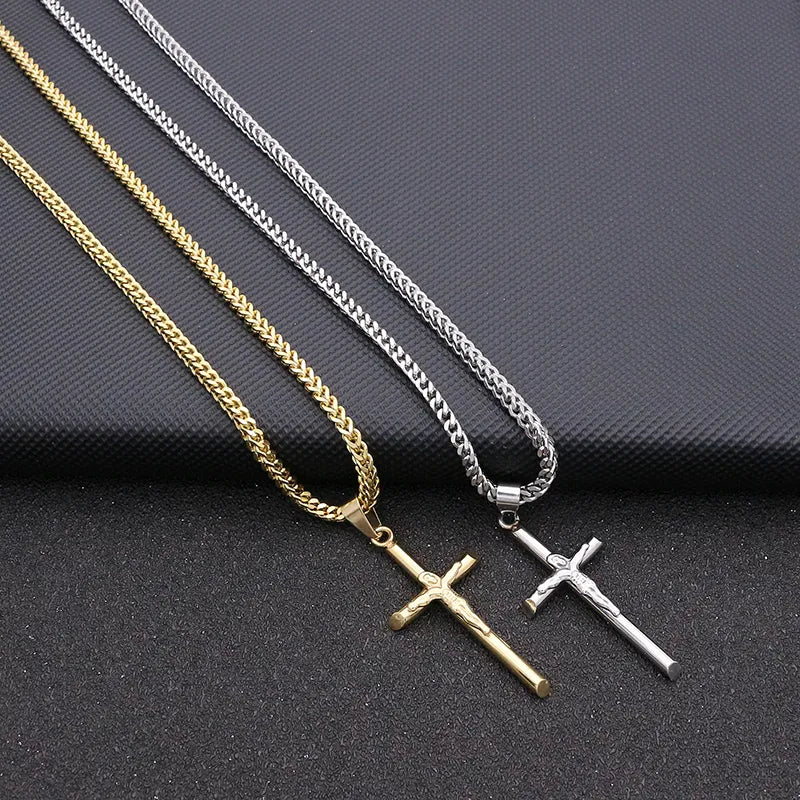 JSBAO High Quality Womens Cross Necklace Stainless Steel 60CM Chain Pendant  Cross Gold Color Mens Necklace For Women Best Gift