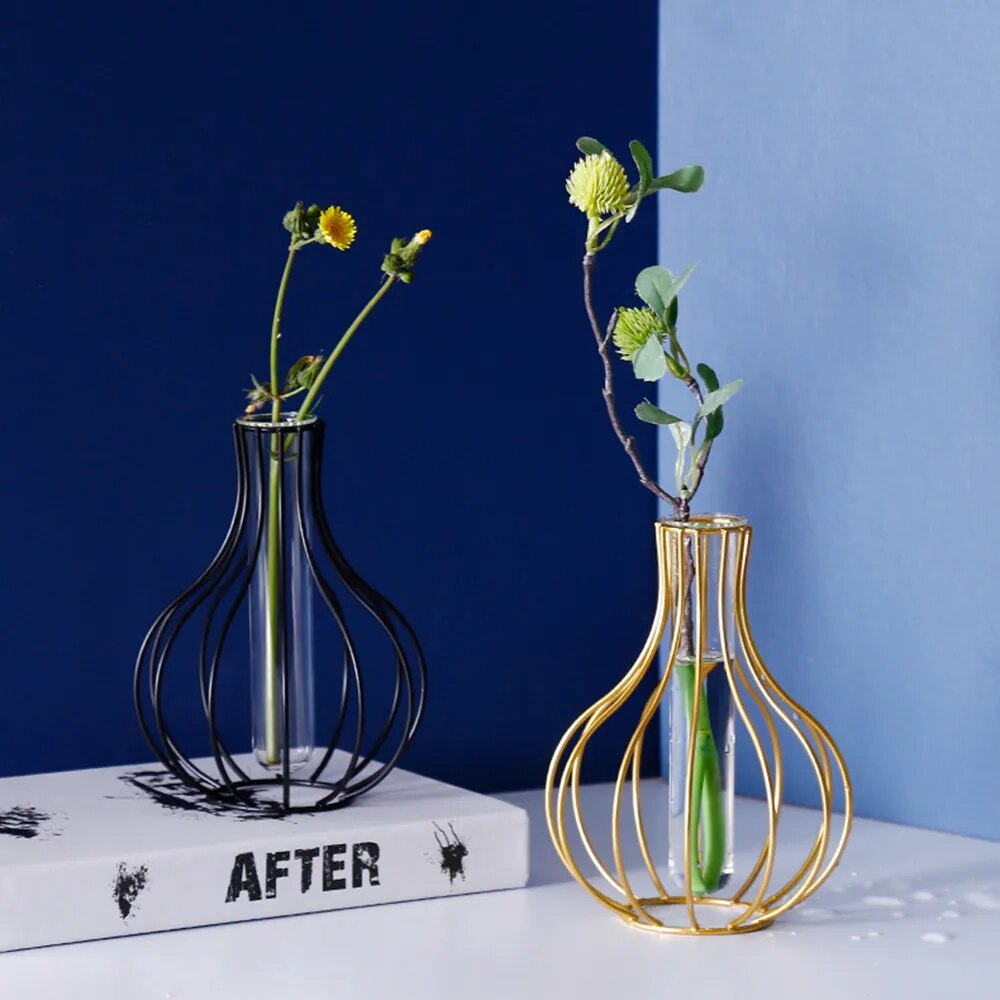 Nordic Simple Style Glass Vase Hydroponic Plant Flower Vase Iron Geometric Glass Test Tube Metal Plant Holder Home Desktop Decor