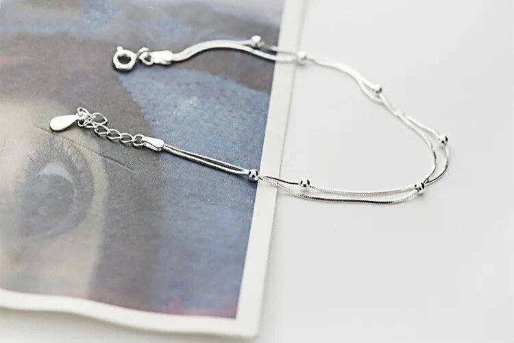 100% 925 Sterling Silver Double Round Beads Snake Bone Chain Bracelets & Bangles For Women Lady Fine Jewelry