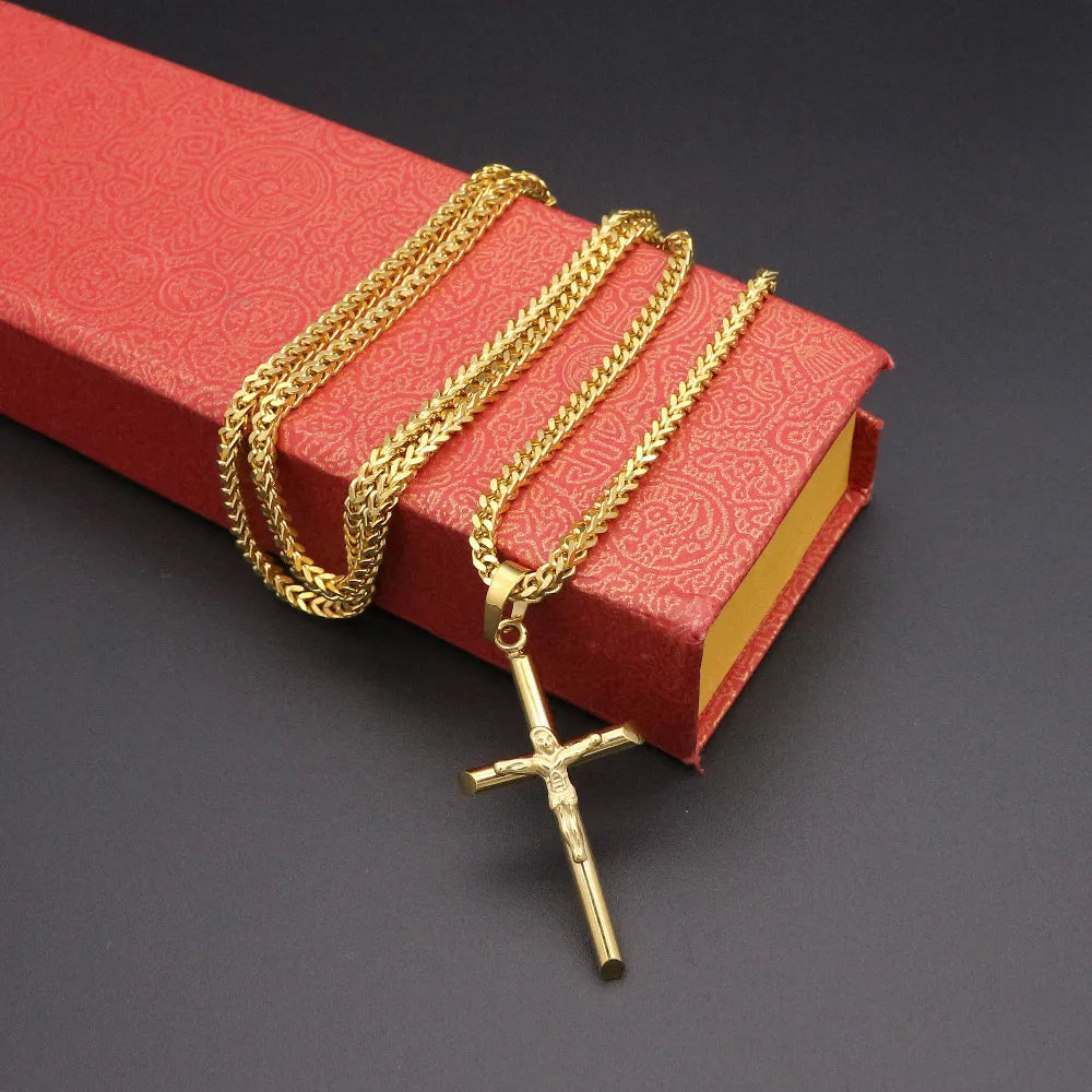 JSBAO High Quality Womens Cross Necklace Stainless Steel 60CM Chain Pendant  Cross Gold Color Mens Necklace For Women Best Gift