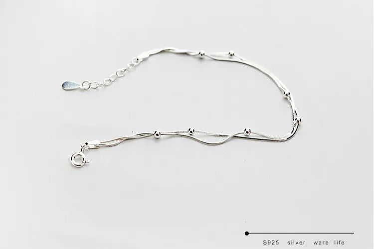 100% 925 Sterling Silver Double Round Beads Snake Bone Chain Bracelets & Bangles For Women Lady Fine Jewelry