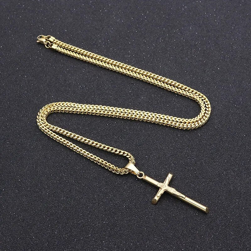 JSBAO High Quality Womens Cross Necklace Stainless Steel 60CM Chain Pendant  Cross Gold Color Mens Necklace For Women Best Gift