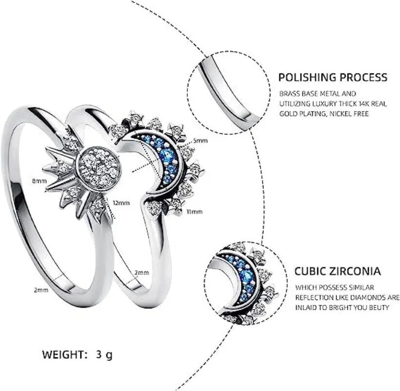 2pc/set Summer Couple Ring Set Sky Blue Sparkling Moon and Sun Ring 2023 New Women's Stackable Finger Set Engagement Jewelry
