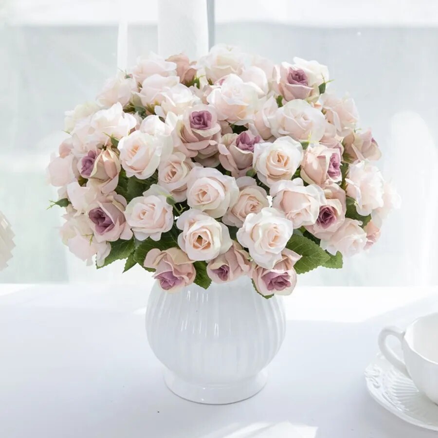 15 Heads Artificial Flower Silk Rose Bridal Bouquet Wedding Table Party Vase Indoor Home Decoration Accessories Christmas Wreath