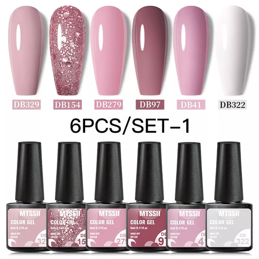 6PCS Nail Polish Set Nude Pink Glitter Gel Varnishes Kit Soak Off UV LED Gel Semi Permanent Nail Art Base Gel Top Coat Set